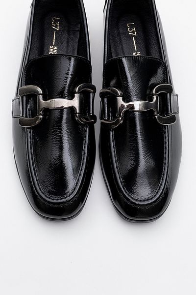 LuviShoes ROUS Damen-Loafer-Schuhe aus schwarzem Lackleder mit Schnalle aus echtem Leder