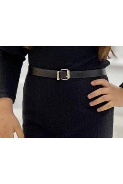 TRENDİMİZBİR Σετ ρούχων με μακρυμάνικα πλεκτά για κορίτσια - Μαύρο συνδυασμό με ζώνη και κάλτσες πάνω από το γόνατο