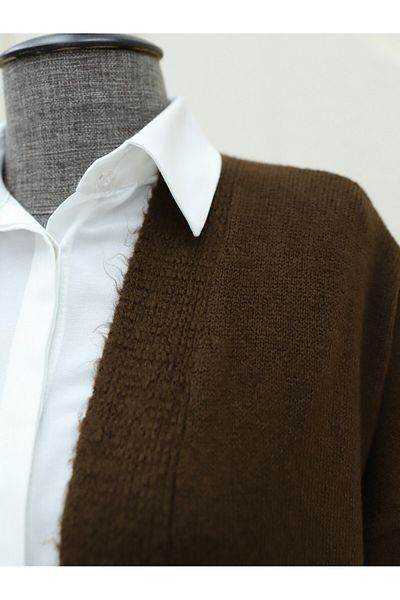 Modamorfo Long Knitted Cardigan with Knitted Hem and Double Pockets - Brown