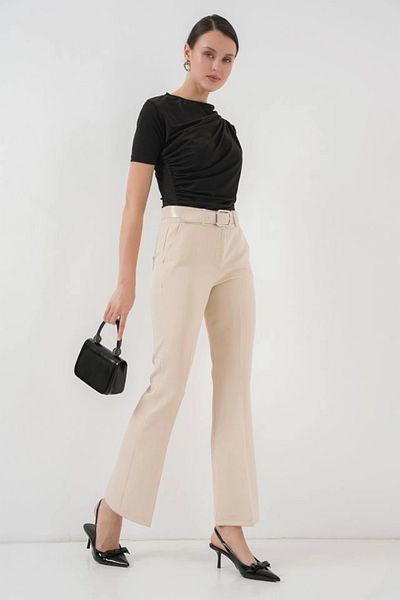Butik 6538 Belted Flared Trousers - Cream
