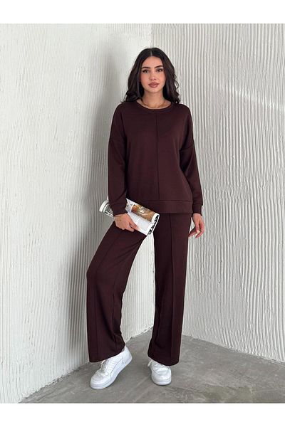 Güler Casual Grass Detailed Modal Fabric Wide Leg Tracksuit Set Brown Color