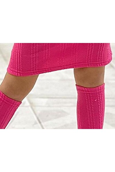 TRENDİMİZBİR Σετ ρούχων με μακρυμάνικο πλεκτό για κορίτσια - Φούξια συνδυασμός με ζώνη και κάλτσες πάνω από το γόνατο