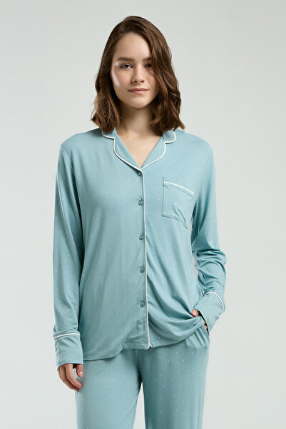 Pierre Cardin Green Women's Pajama Set - Viscose Fabric, Front Button, Long Sleeve, Pocket