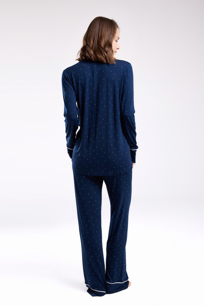 Pierre Cardin Viskon Kumaş, Önden Düğmeli, Uzun Kollu, Gömlek Yaka, Cepli, Kadın Pijama Takımı Lacivert