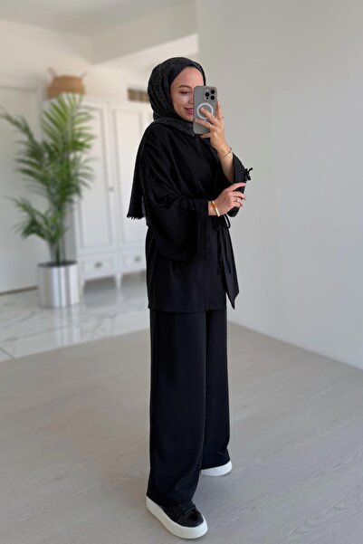 Ka Hijab Three Piece Suit with Bow Detail on Sleeves - Black