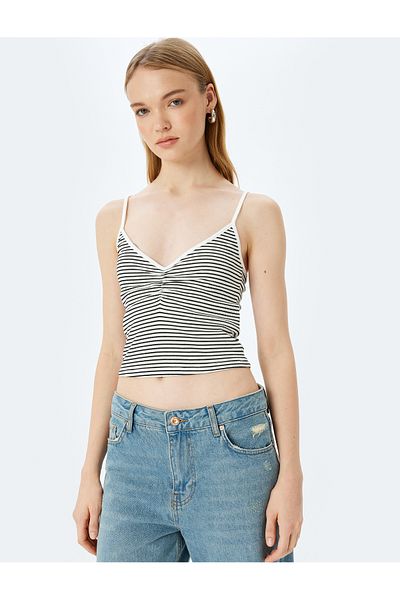 Koton Striped V-Neck Slim Fit Ribbed Undershirt with Rope Straps