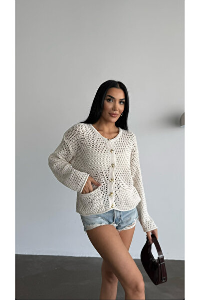 RECEP AYDIN Kadın Krem Ajurlu Mevsimlik Crop Cep Detaylı Triko Hırka