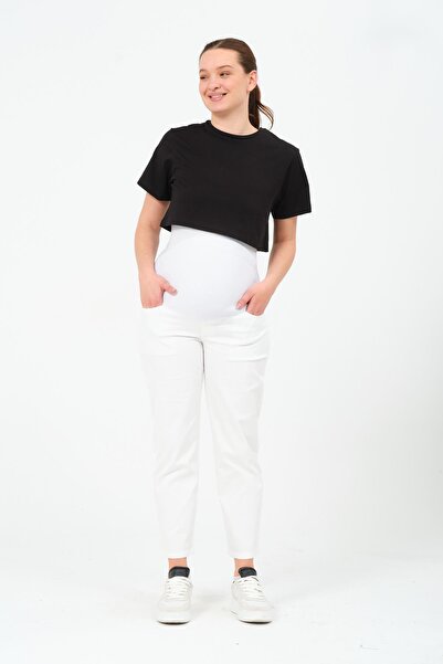 BUSA Hamile Esnek Karın Bantlı Beli Ayarlanabilir Mom Fit Kanvas Pantolon BEYAZ