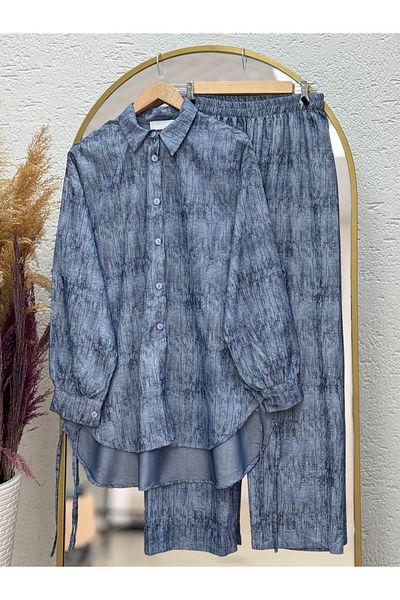 Ebrar Store Alina Self Patterned Pants Suit with Drawstring Sides-Mf0505 Denim Color