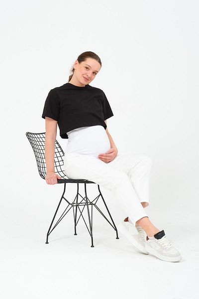 BUSA Pantaloni Mom Fit Canvas - Alb - Talie reglabilă cu bandă abdominală elastică