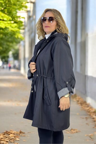 yagmurberen Removalable Hooded Foldable Sleeve Detail Bonded Fabric Extra Large Size Trench Coat