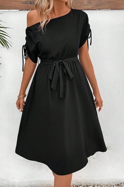 Deafox Black Women's One Shoulder Open Sleeve Bow Belted Waist Slit Detailed Viscose Dress