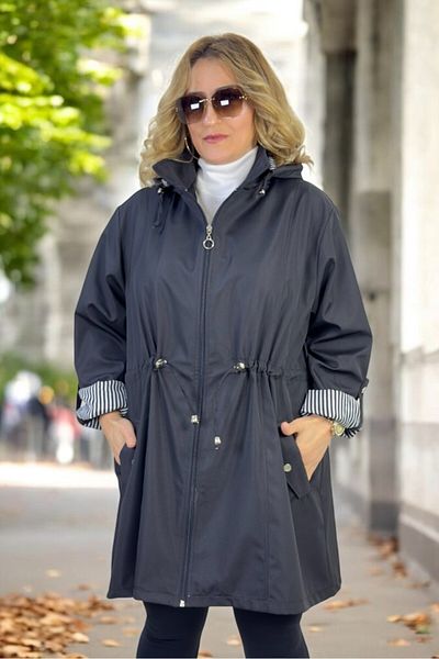 yagmurberen Removalable Hooded Foldable Sleeve Detail Bonded Fabric Extra Large Size Trench Coat
