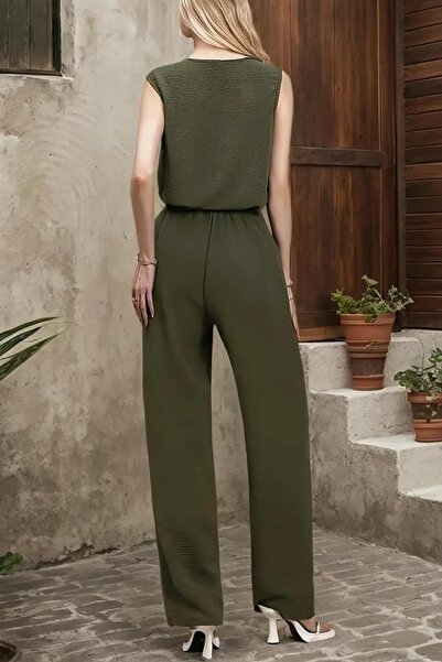 Deafox Khaki Women's Sleeveless V-Neck Aerobin Blouse and Belted Waist Trousers Two-Piece Set