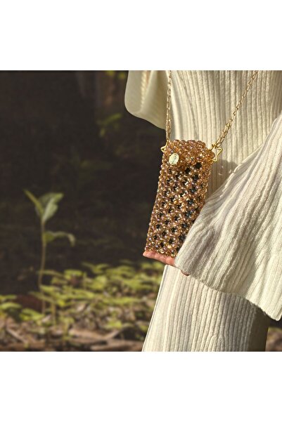 Las Perlas Kahverengi Parlak Boncuk Tasarım Telefon Çantası Çapraz Askılı Cüzdan Telefonluk