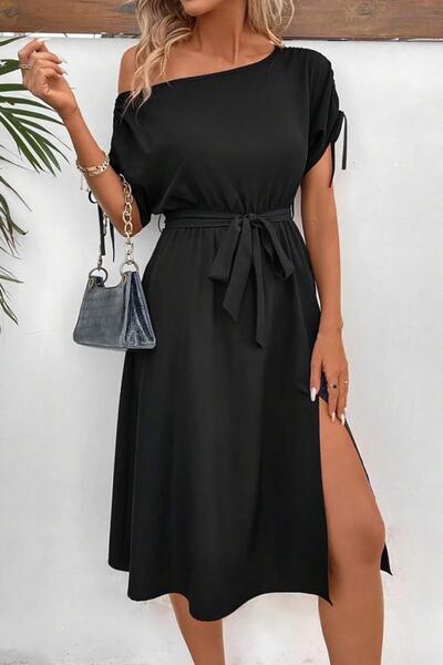 Deafox Black Women's One Shoulder Open Sleeve Bow Belted Waist Slit Detailed Viscose Dress