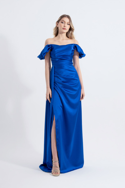 HOX'S Cloe | Saten Straplez Maxi Abiye Elbise Düşük Kollu Drapeli - Saks