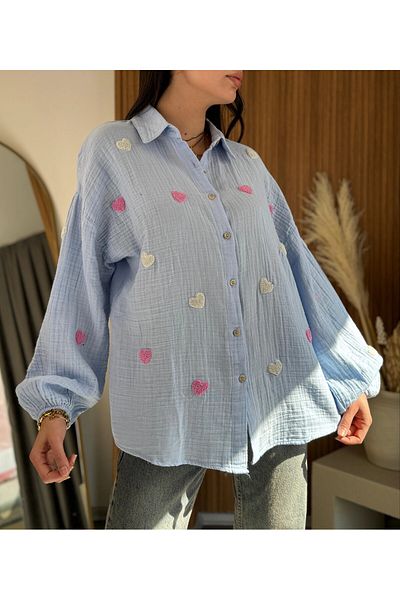 HARMONY GLOBAL Cămașă Pinterest din țesătură de muselină cu broderie inimă albastră pentru femei
