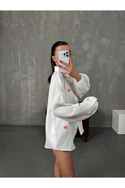 HARMONY GLOBAL Kadın Ekru Kalp Nakışlı Muslin Kumaş Pinterest Gömlek