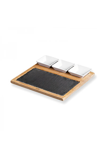 Lacor Bamboo platter with slate and 3 ceramic bowls