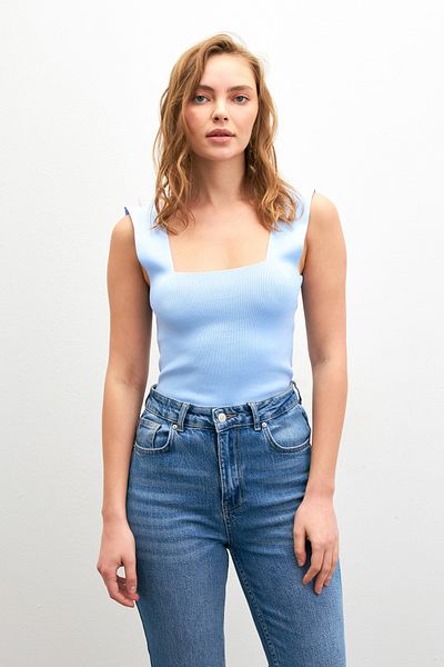 Bipantolon   Γυναικείο Baby Blue Basic Τετράγωνο Γιακά Αμάνικο Σετ μπλούζα και πλεκτά