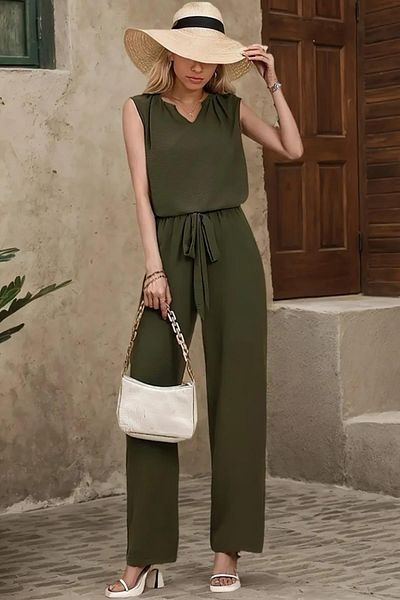 Deafox Khaki Women's Sleeveless V-Neck Aerobin Blouse and Belted Waist Trousers Two-Piece Set