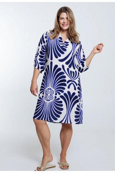 Şans Women's Large Size Bone, V-Neck, Panel Pattern Midi Length Dress 65N38817