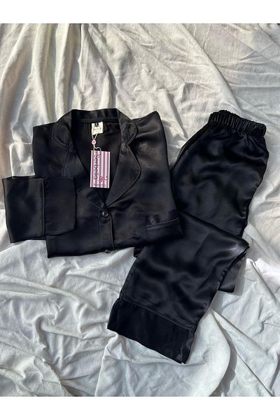 Serbella Set de pijamale de lux din satin de bumbac jacquard negru