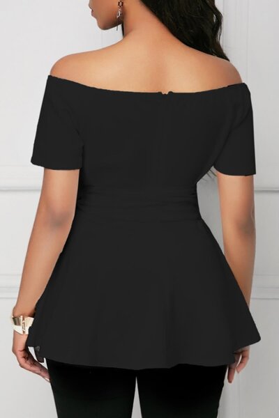 Deafox Black Women's Short Sleeve Madonna Collar Side Tie Imported Crepe Blouse