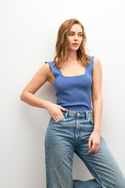 Bipantolon Γυναικείο Indigo Basic τετράγωνο γιακά Tank Top Χοντρό λουράκι Καλοκαιρινό/Χειμώνα Πλεκτό Εσωρούχο
