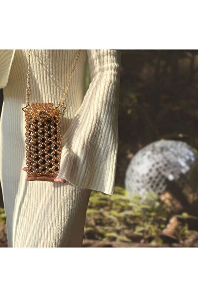 Las Perlas Kahverengi Parlak Boncuk Tasarım Telefon Çantası Çapraz Askılı Cüzdan Telefonluk