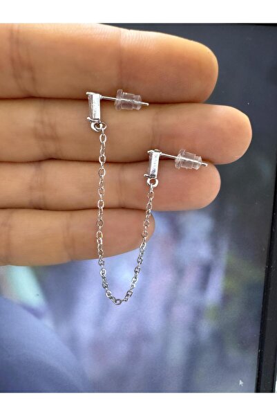 Arescollection ZİRKON TAŞLI RODYUM KAPLAMA KARARMAZ İKİ DELİĞE TAKILAN ZİNCİR KÜPE