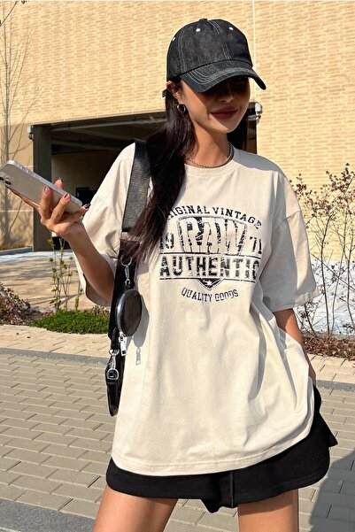 PERISENSE للجنسين بيج طاقم الرقبة الأصلي خمر مطبوعة كبيرة الحجم