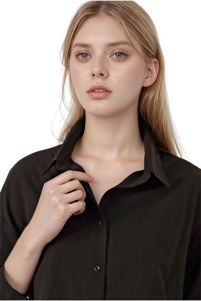 Cassime Cămașă oversize neagră cu șnur de frânghie pentru femei