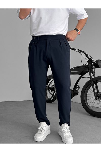BYBASICMAN Navy Blue Pocket Pleated Fabric Trousers Ke-1035