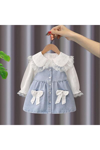 nannie Compleu 2 piese Briana, rochie denim si camasa alba, pentru fetite - 5-6 ani