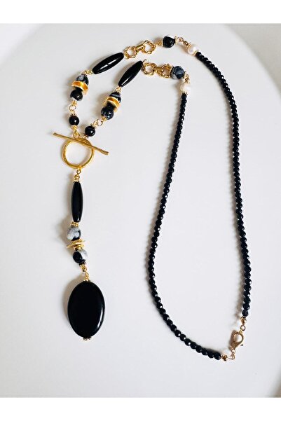 DEVİ fashion Uzun Siyah Doğal Taş Ve Gerçek İnci Kolye 80 cm