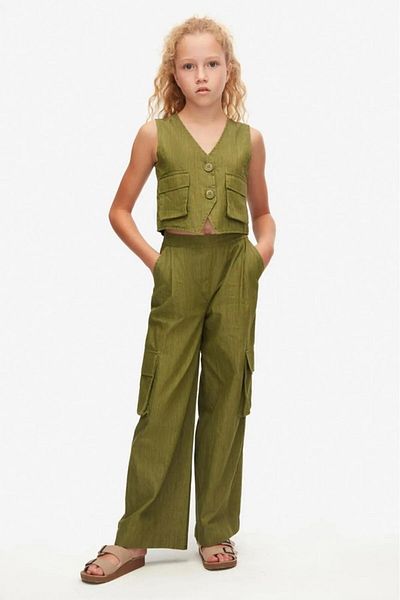 Magu Girls' Linen Two-Piece Set – Button-Down Vest and Wide-Leg Pants with Pockets