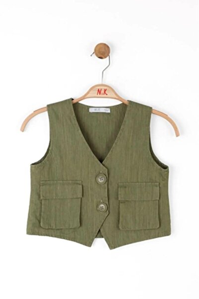 Magu Girls' Linen Two-Piece Set – Button-Down Vest and Wide-Leg Pants with Pockets