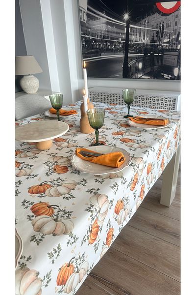 Decamor home Stain-Proof Liquid-Proof Pumpkin Patterned Ecru Tablecloth