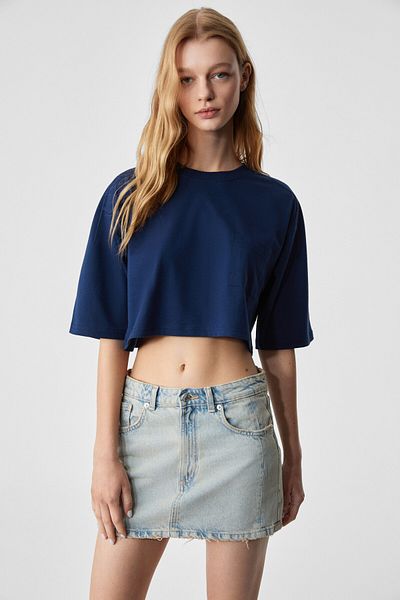 GRIMELANGE Qefkop Women's 100% Cotton Crew Neck Oversize Navy Blue T-Shirt