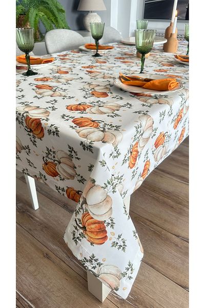 Decamor home Stain-Proof Liquid-Proof Pumpkin Patterned Ecru Tablecloth