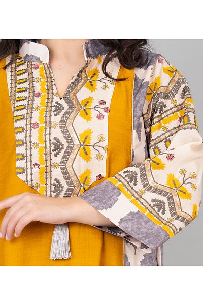 IKKXA Embroidered Solid Jalabiya with Stylish Mandarin Collar