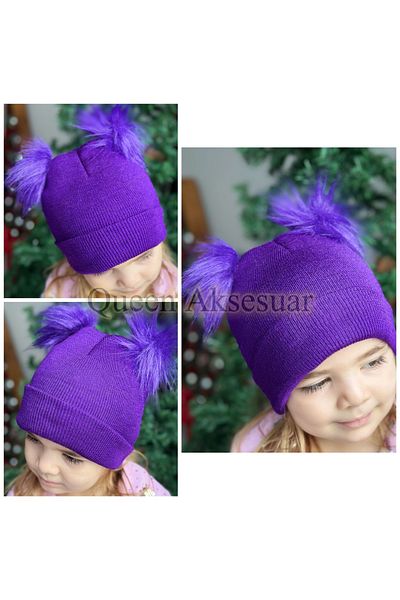 QUEEN AKSESUAR Trend Fashion Adjustable Metered Lol Doll Pompom Furry Pomp Pomp Beanie Hat Child Baby Neon Purple 0-6