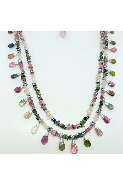 Sibelce 2195 Damla faset kesim Turmalin Hematit el yapımı çift sıralı kolye