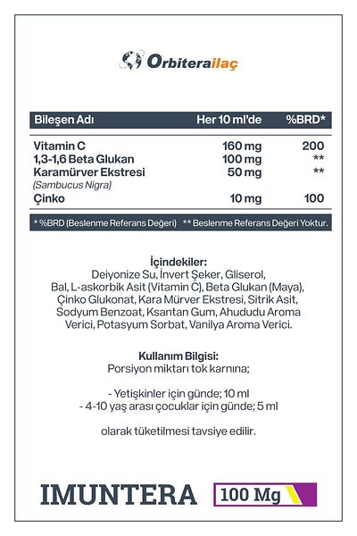 Orbitera Imuntera Black Elderberry Extract, Food Supplement Containing Beta Glucan, Zinc, Vitamin C