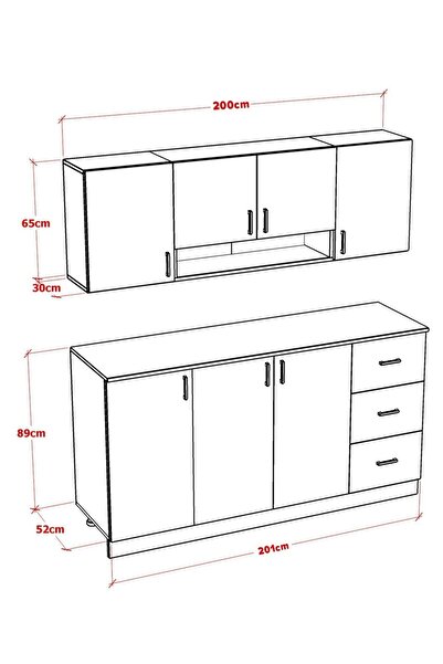 MOBİDEKO RANA ALT ÜST MODÜL MUTFAK DOLABI ÇEKMECELİ 200 CM (TEZGAH DAHİL)