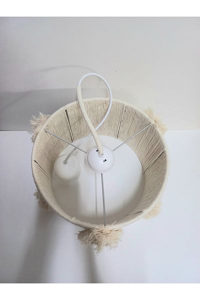 C&A&B KUZEY AVİZE Ecru Macrame Rope Wrapped Ecru Handmade Pompom Baby Girl and Children's Room Design Pendant Lamp Chandelier