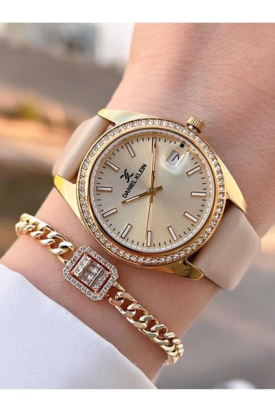 Daniel Klein Leather Cord Takvinli Dial 3 Atm Water Resistant Women's Wristwatch + Bracelet