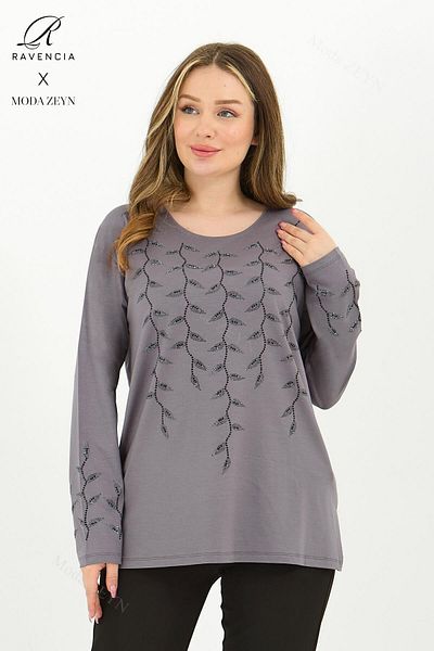 Ravencia Women's Middle Age and Above Viscose Leaf Pattern Stone Embroidered Lycra Gray Mother Combed Cotton Blouse